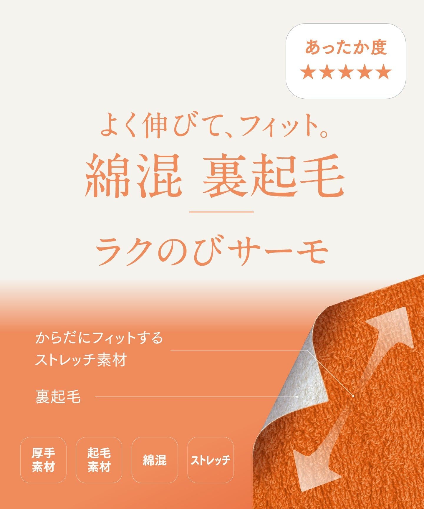 ウイング Wing あったかインナー 綿混 裏起毛 よく伸びる素材 【ラクのびサーモ】 8分袖 長袖 ネックせまめ 秋 冬