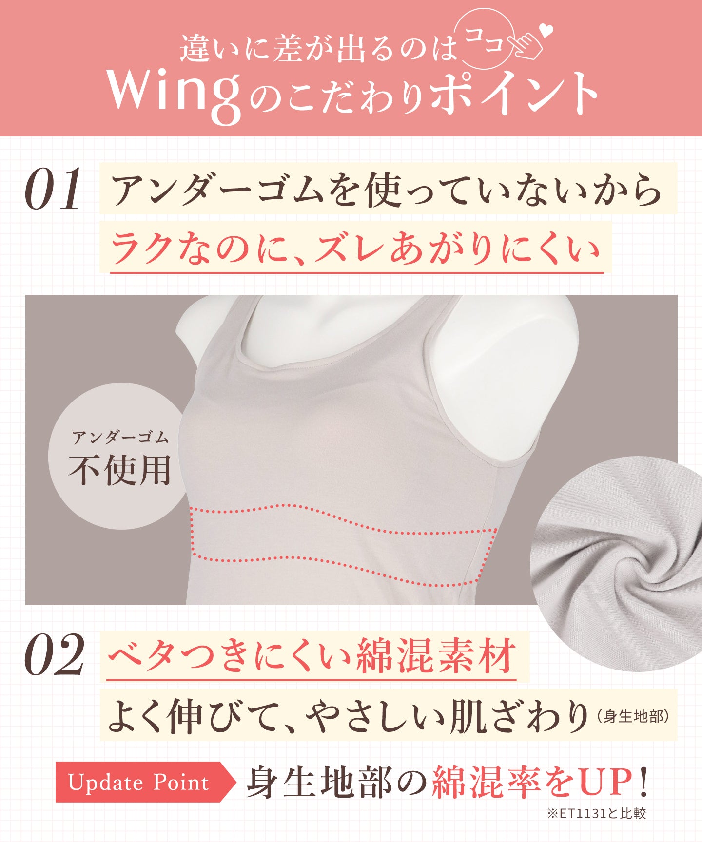 ウイング Wing カップ付きタンクトップ S~4L 綿混(身生地部) ラク きれいなバストシルエット 【シンクロブラトップ 綿混タイプ】 （BL） BL