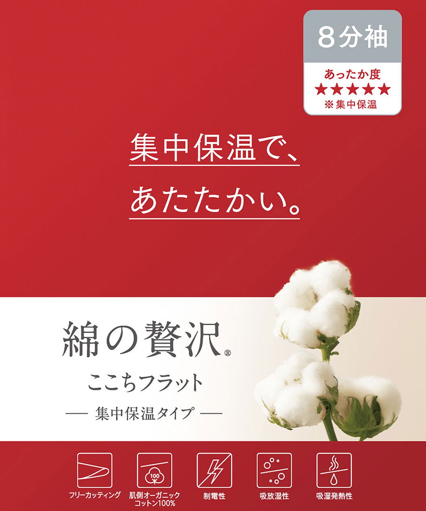 ウイング Wing あったかインナー 肌側オーガニックコットン100％【綿の贅沢ここちフラット 集中保温】8分袖 （CB） CB
