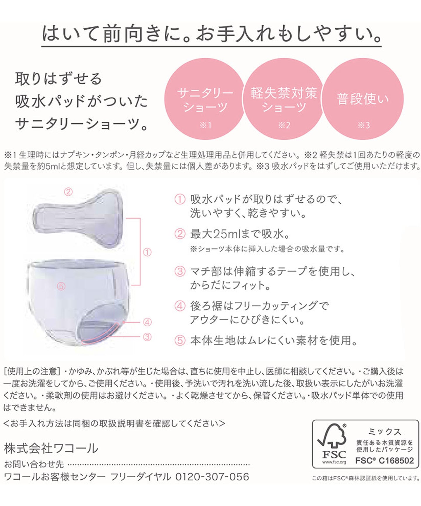 Wing Moisture-absorbing sanitary shorts, removable absorbent pad, leak-resistant, regular length [Non-returnable item]