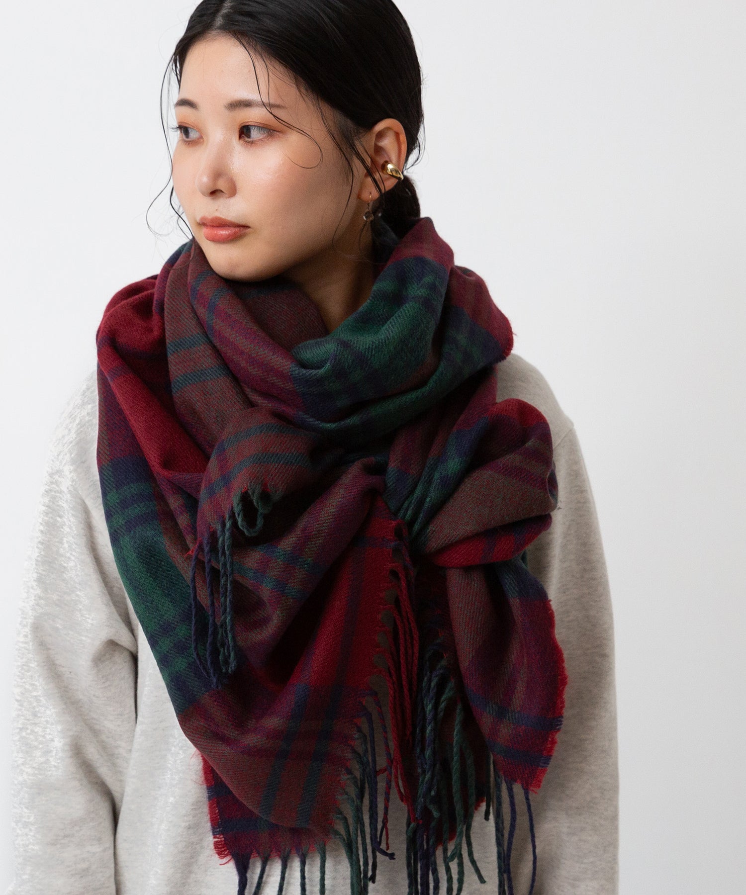ウェレッグ セレクト welleg sellect ふわとろ大判ストール,ダークレッドxグリーン