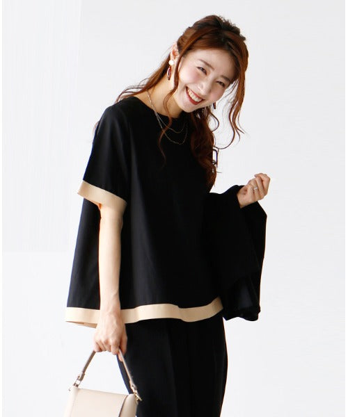 エーレスタイル Ehre style ブラウス 半袖 体型カバー オフィスカジュアル レディース 半袖 トップス  バイカラー Tシャツ 夏 30代 40代 配色  インナー パイピング