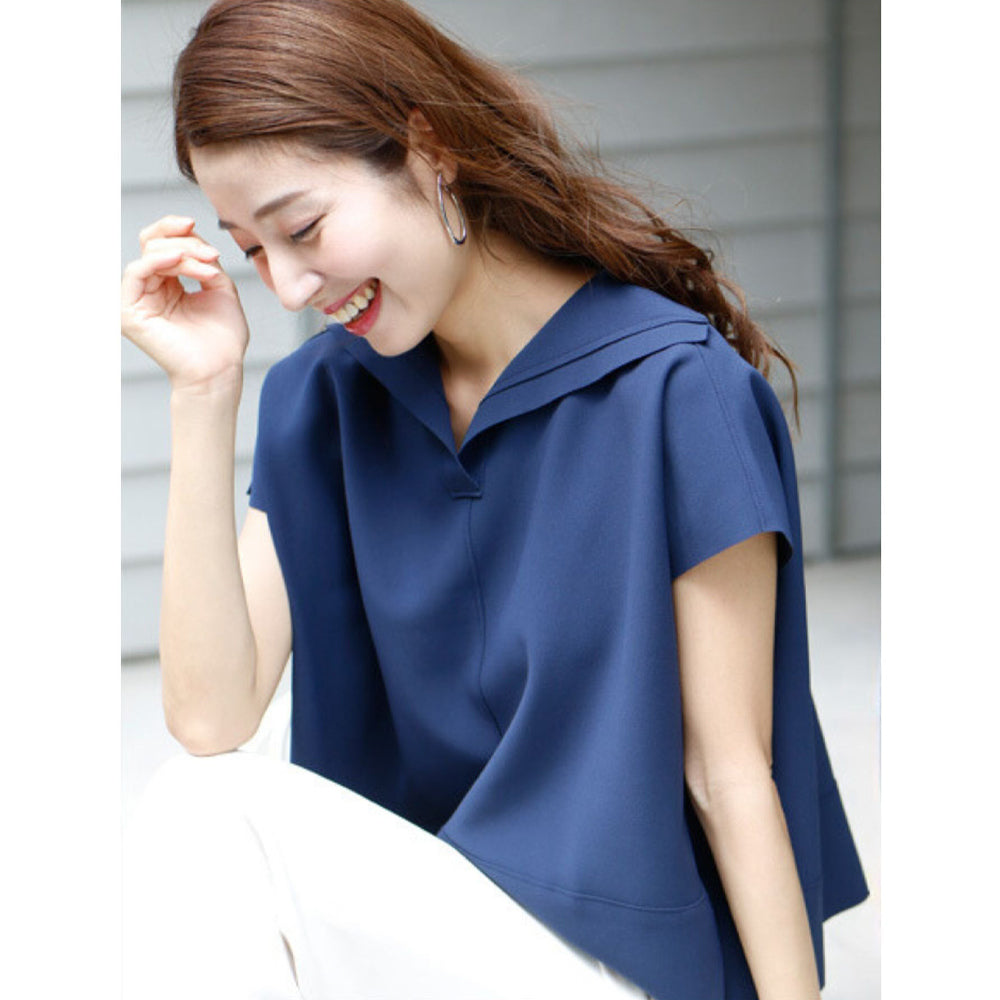 エーレスタイル Ehre style ［お仕事服にも使える］小顔効果あり！可愛いすぎない大人のセーラートップス （ネイビー） ネイビー
