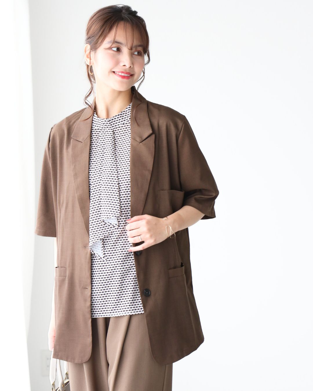 エーレスタイル Ehre style 秋色カラーで涼やか通勤 5分袖ジャケット （ブラウン） ブラウン
