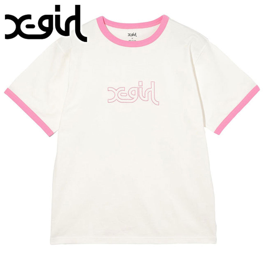 エックスガール X-girl OUTLINE MILLS LOGO S/S RINGER TEE WHITE [105243011003],WHITE