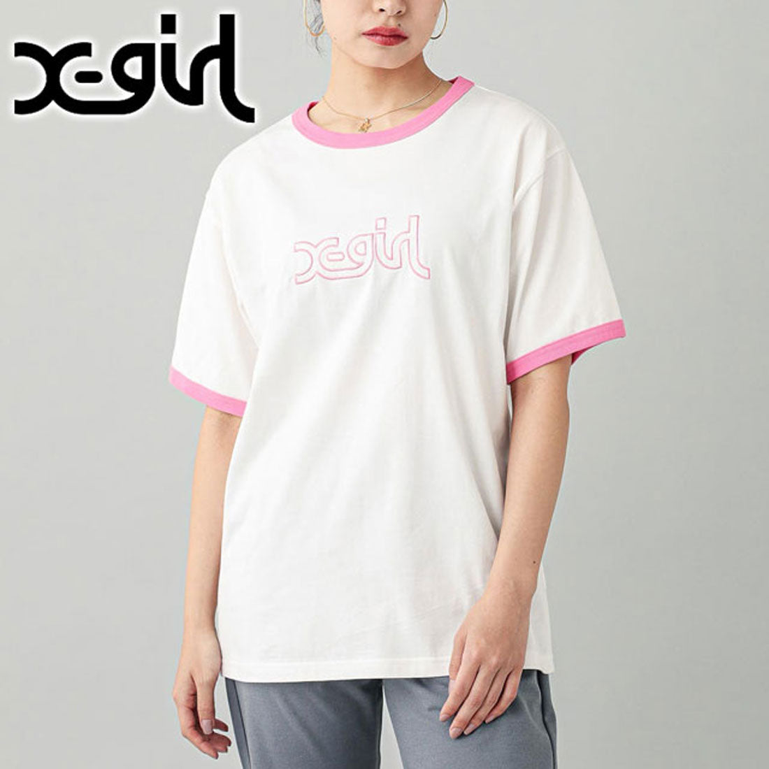 エックスガール X-girl OUTLINE MILLS LOGO S/S RINGER TEE WHITE [105243011003]