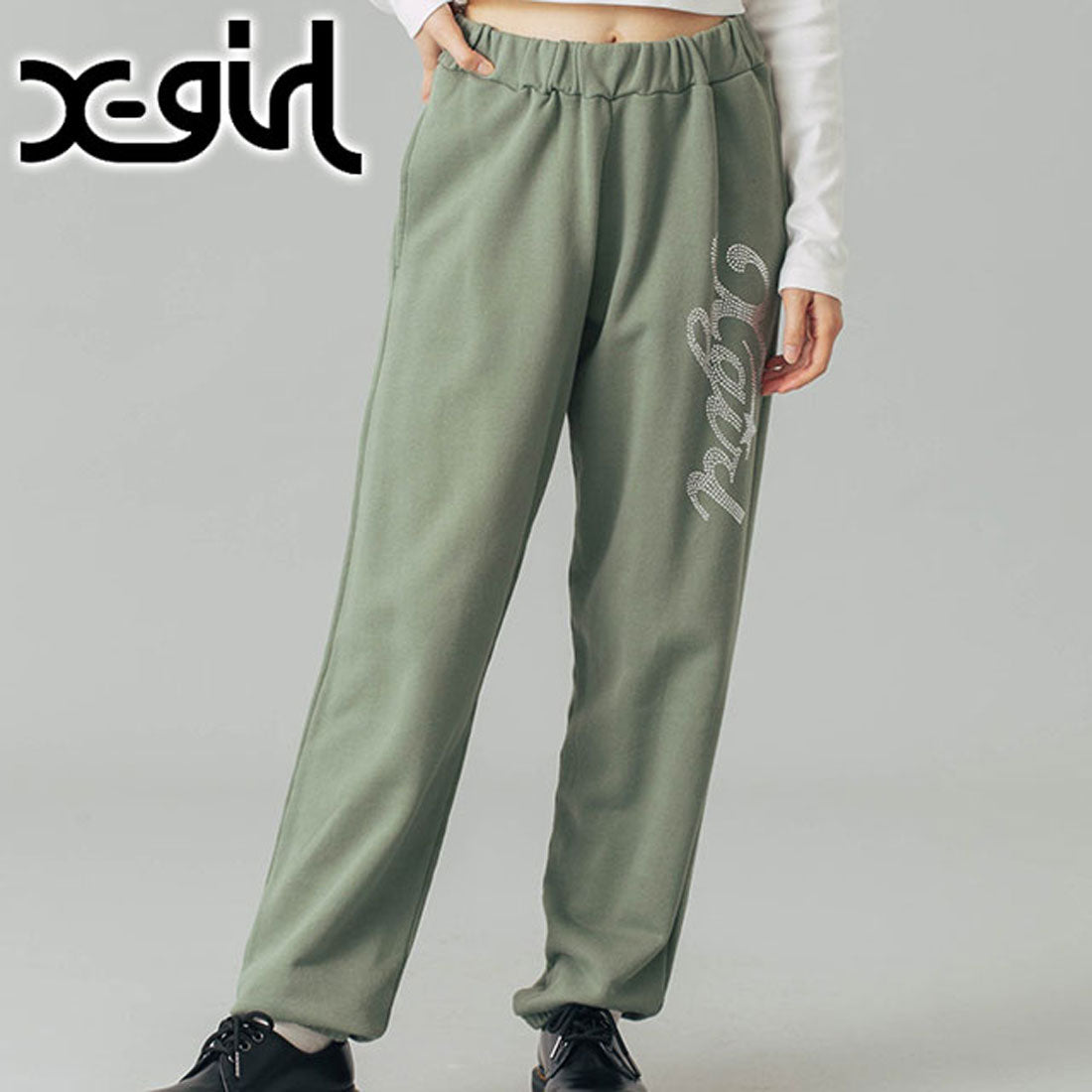 エックスガール X-girl RHINESTONE STAR CURSIVE LOGO SWEAT PANTS OLIVE [105244031004]