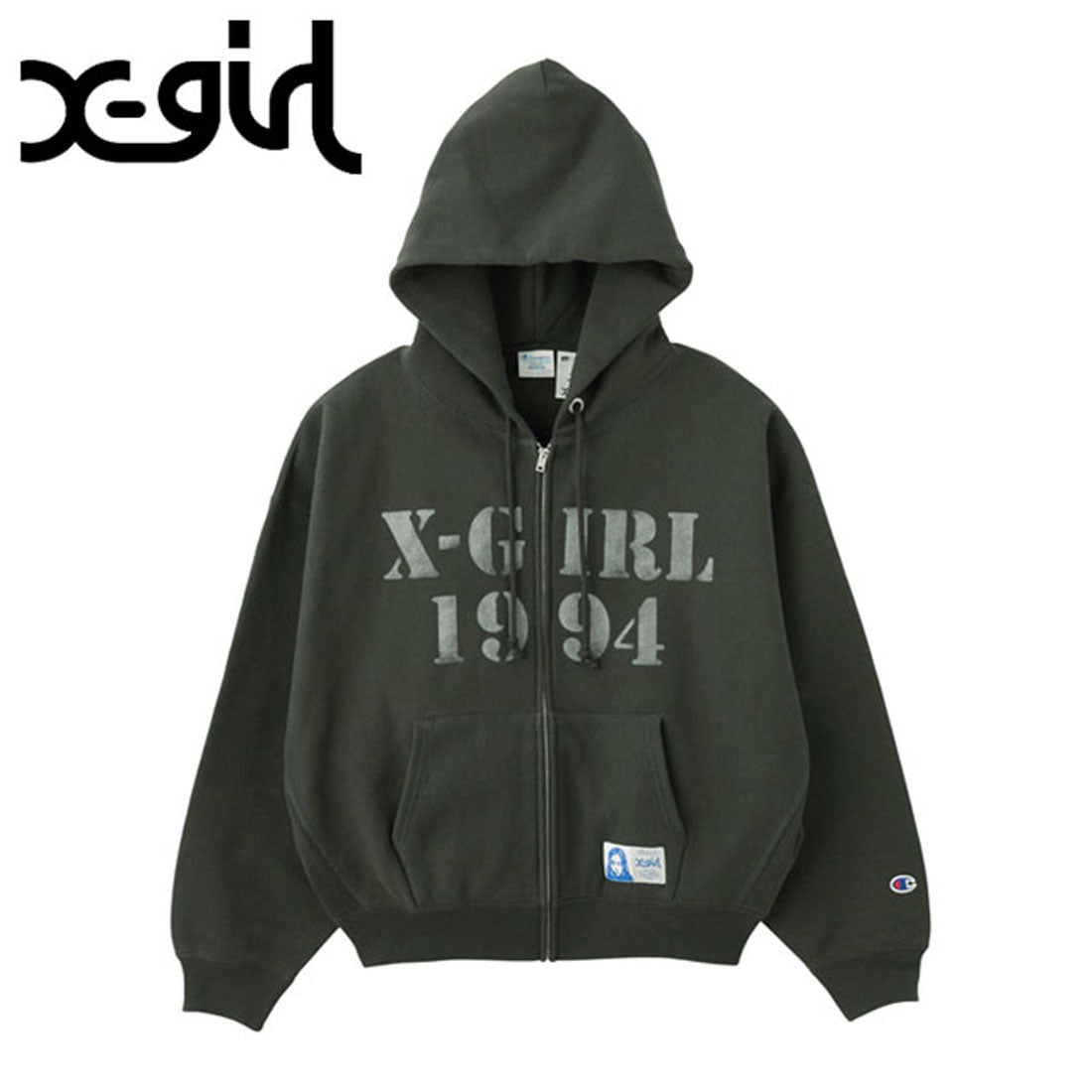 X-girl×CHAMPION REVERSE WEAVE HOODIE X-girl Champion REVERSE WEAVE R STENCIL LOGO ZIP UP HOODIE black [1052
