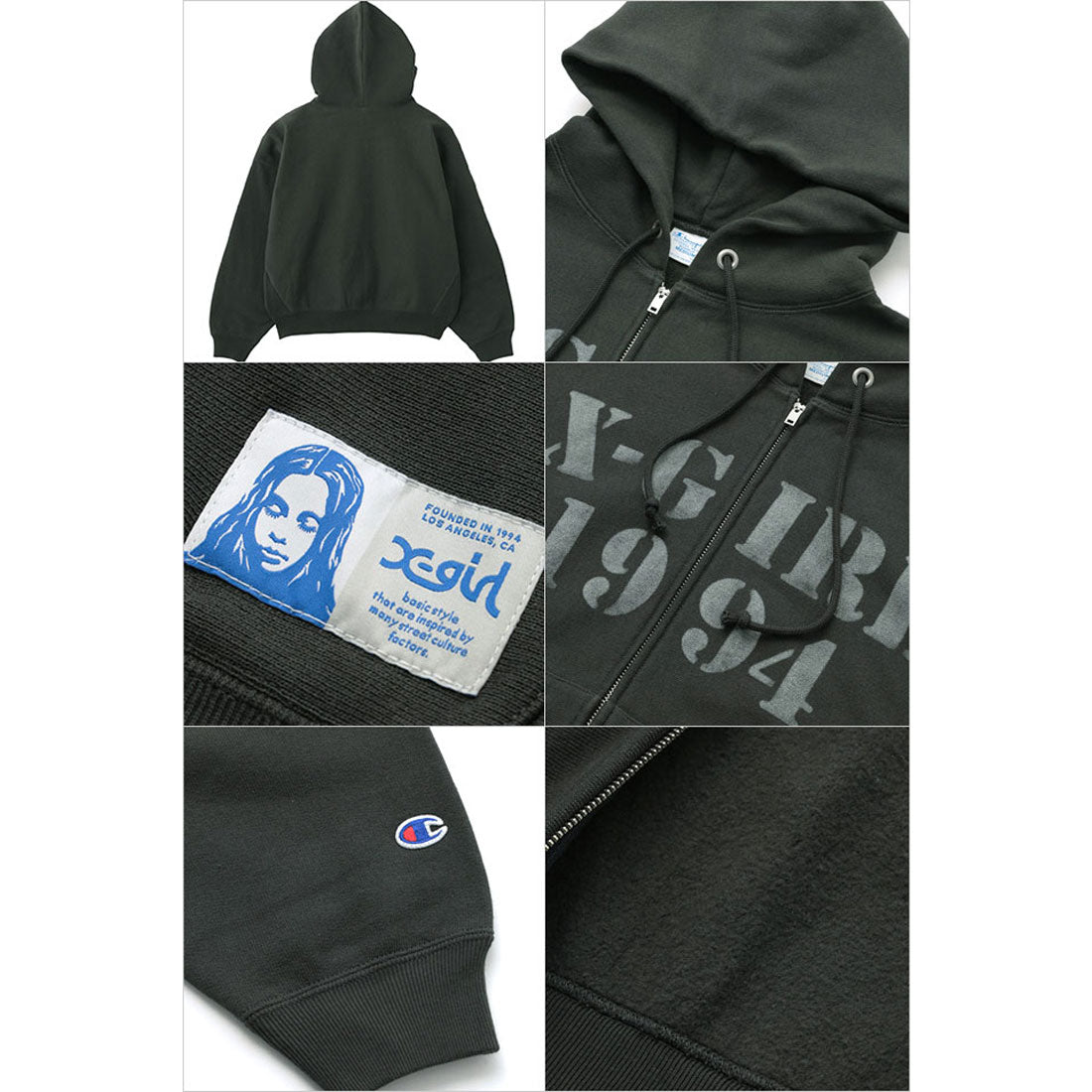 X-girl Champion REVERSE WEAVE R STENCIL LOGO ZIP UP HOODIE black [1052