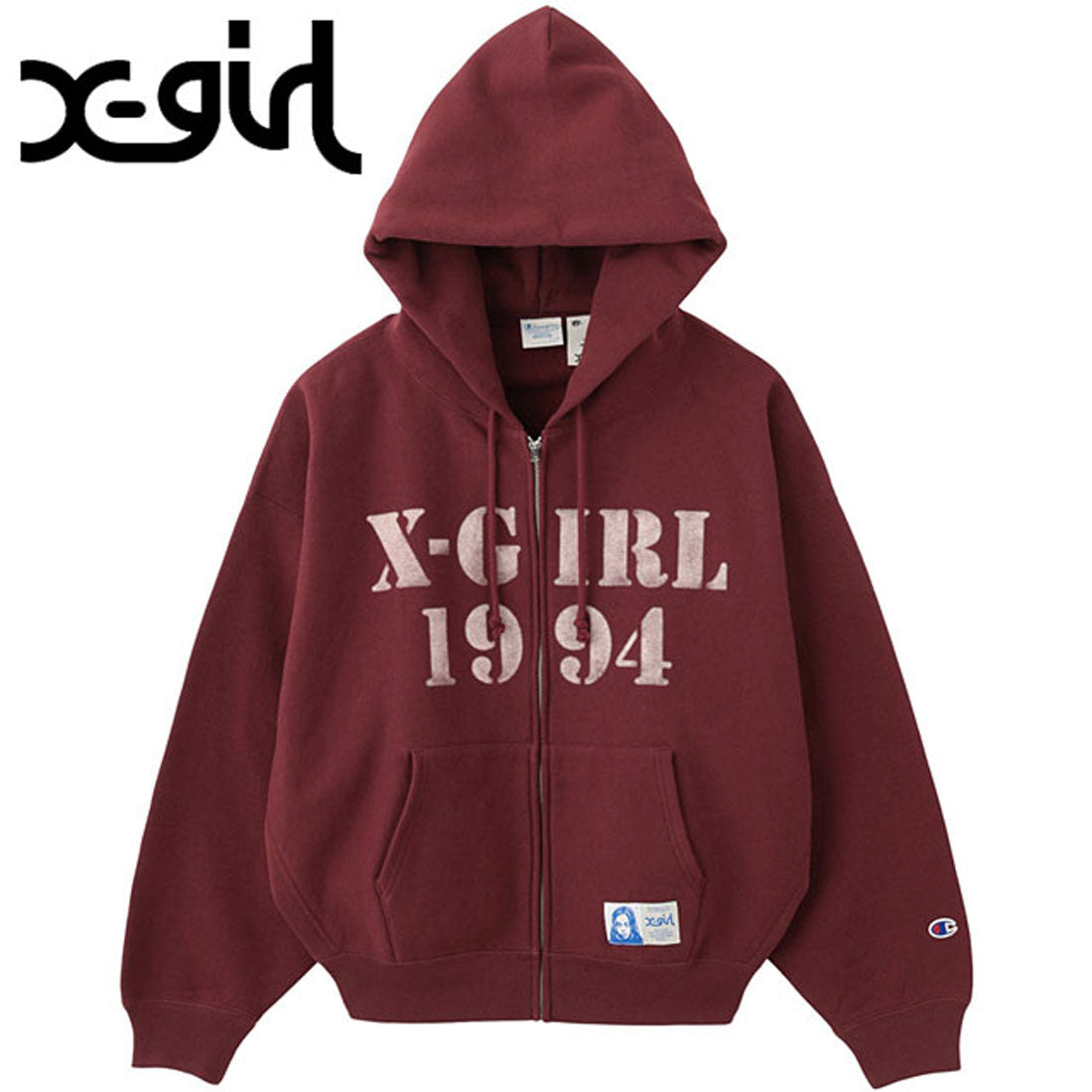 X-girl×CHAMPION REVERSE WEAVE HOODIE X-girl Champion REVERSE WEAVE R STENCIL LOGO ZIP UP HOODIE black [1052