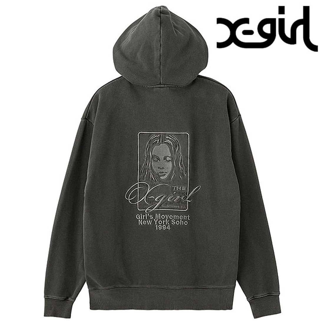 エックスガール X-girl PIGMENT DYED FACE AND LOGO SQUARE PATCH ZIP UP SWEAT HOODIE BLACK [105261012014] （BLACK） BLACK