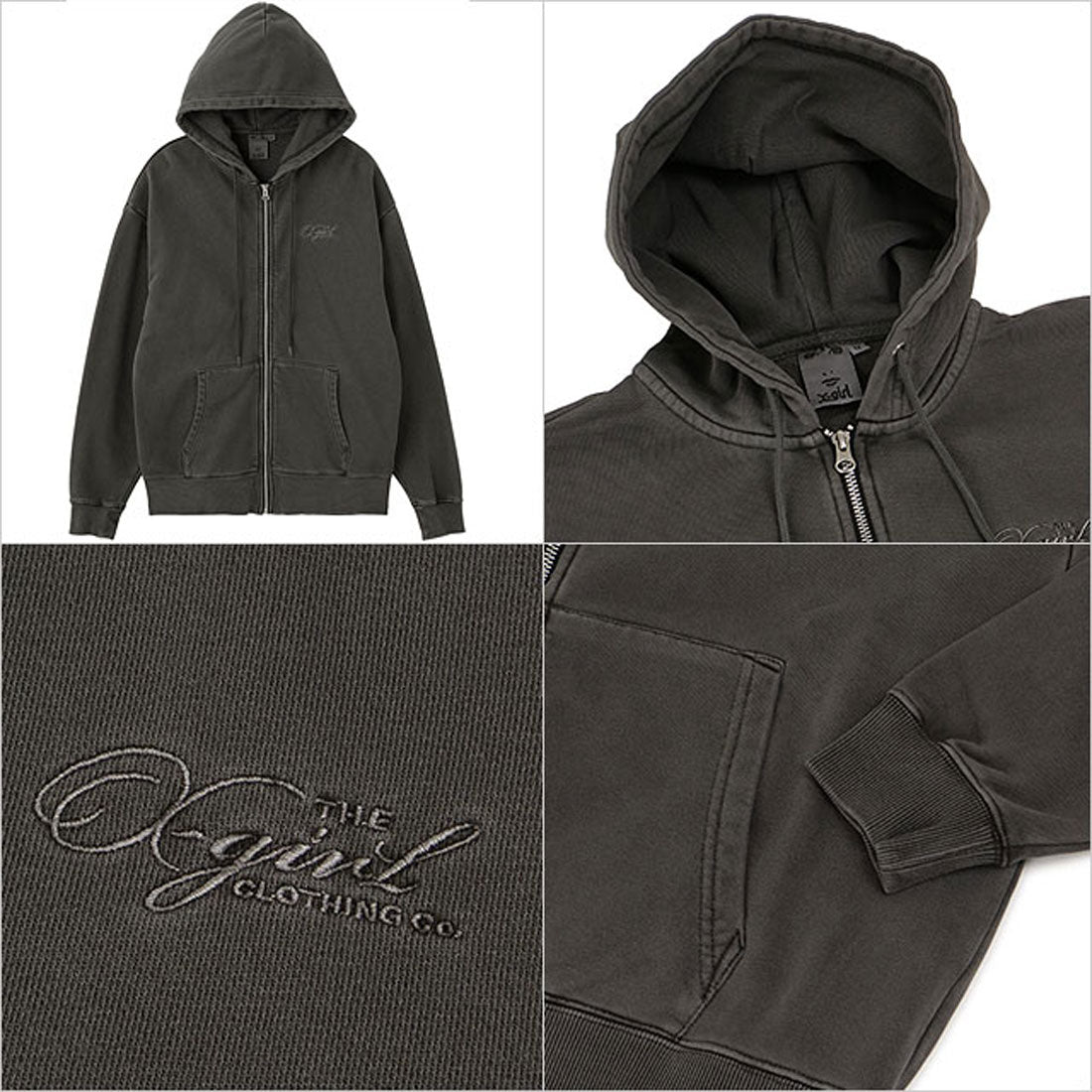 エックスガール X-girl PIGMENT DYED FACE AND LOGO SQUARE PATCH ZIP UP SWEAT HOODIE BLACK [105261012014] （BLACK） BLACK
