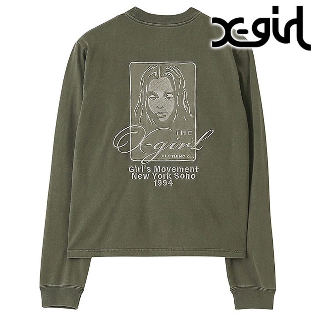 エックスガール X-girl PIGMENT DYED FACE AND LOGO SQUARE PATCH L/S TEE OLIVE [105261011004] （OLIVE） OLIVE