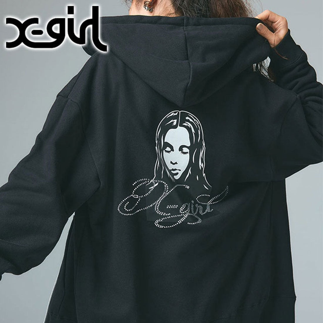 エックスガール X-girl RHINESTONE LOGO AND FACE ZIP UP SWEAT HOODIE BLACK [105261012017] （BLACK） BLACK