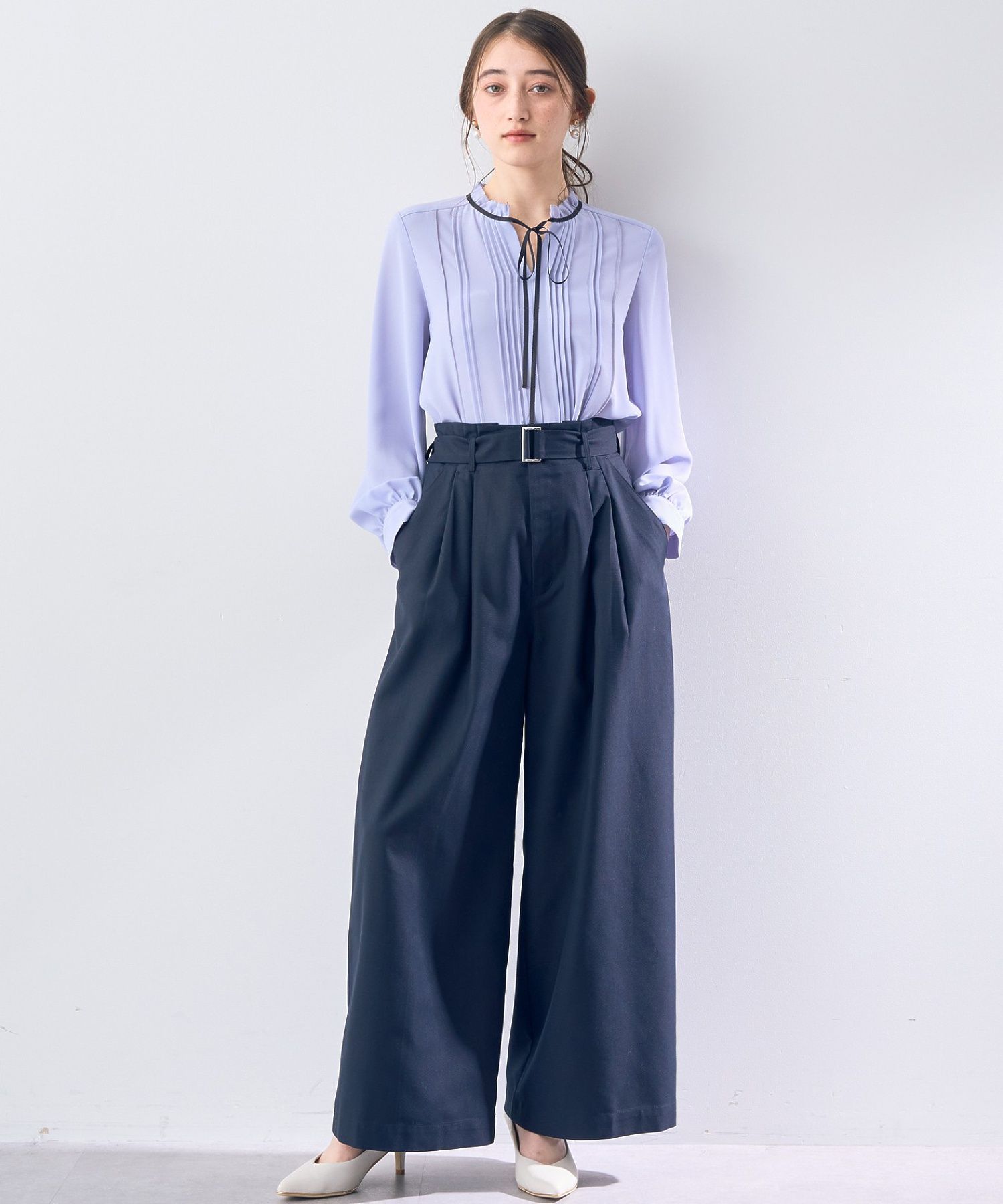 イェッカ ヴェッカ YECCA VECCA ハイウエストベルトデザインタックワイドパンツ （グレー） グレー