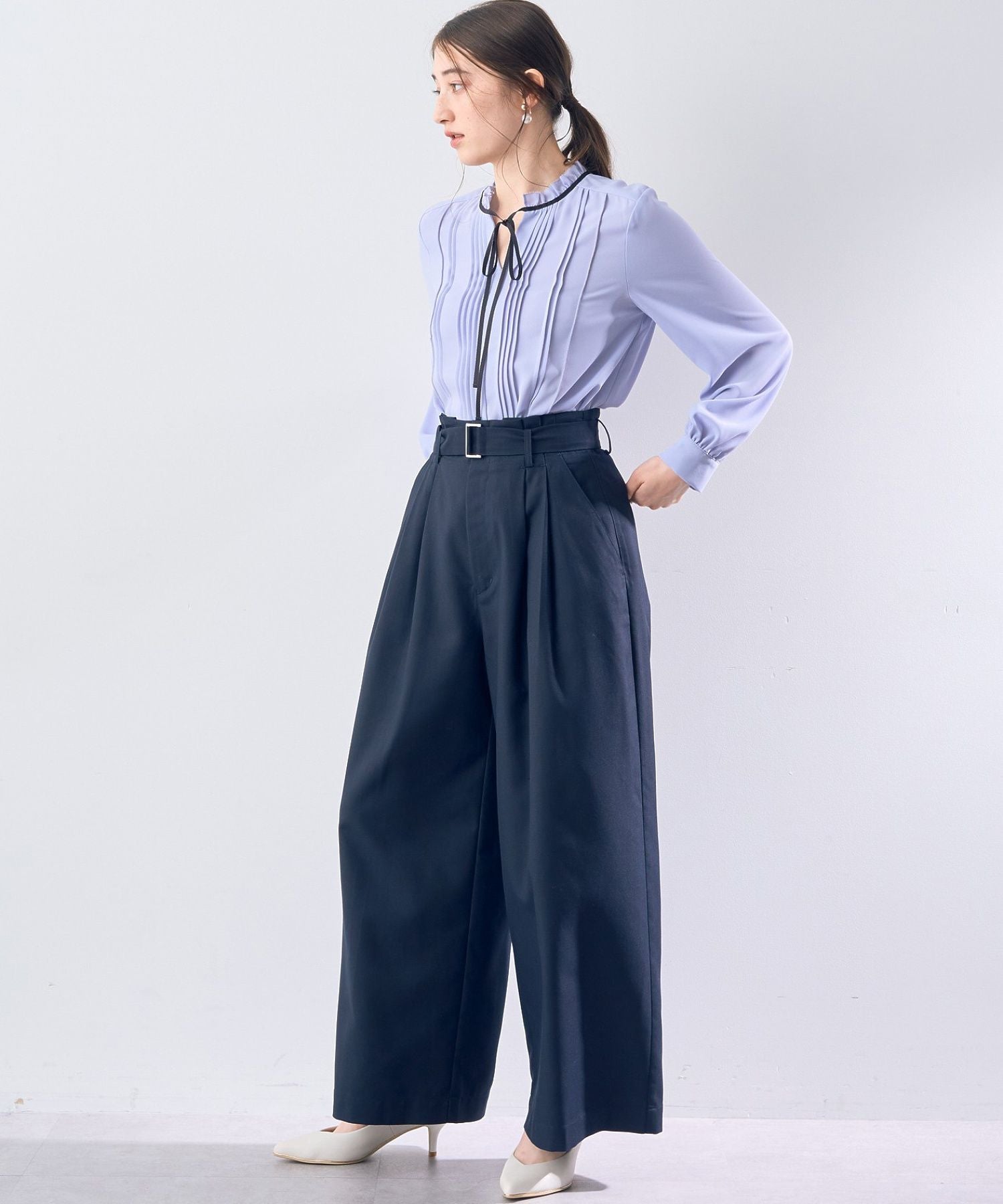 イェッカ ヴェッカ YECCA VECCA ハイウエストベルトデザインタックワイドパンツ （グレー） グレー
