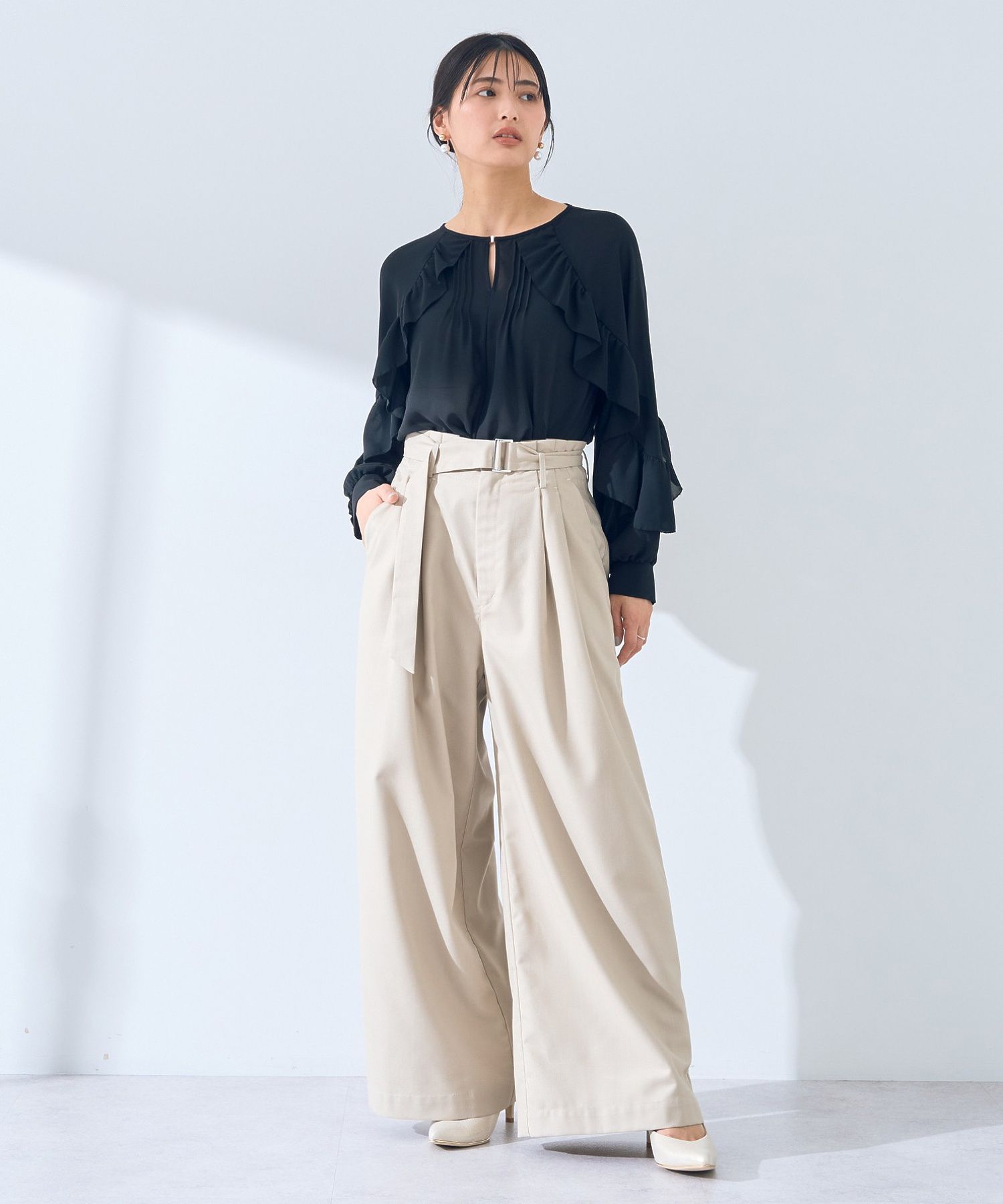 イェッカ ヴェッカ YECCA VECCA ハイウエストベルトデザインタックワイドパンツ （グレー） グレー