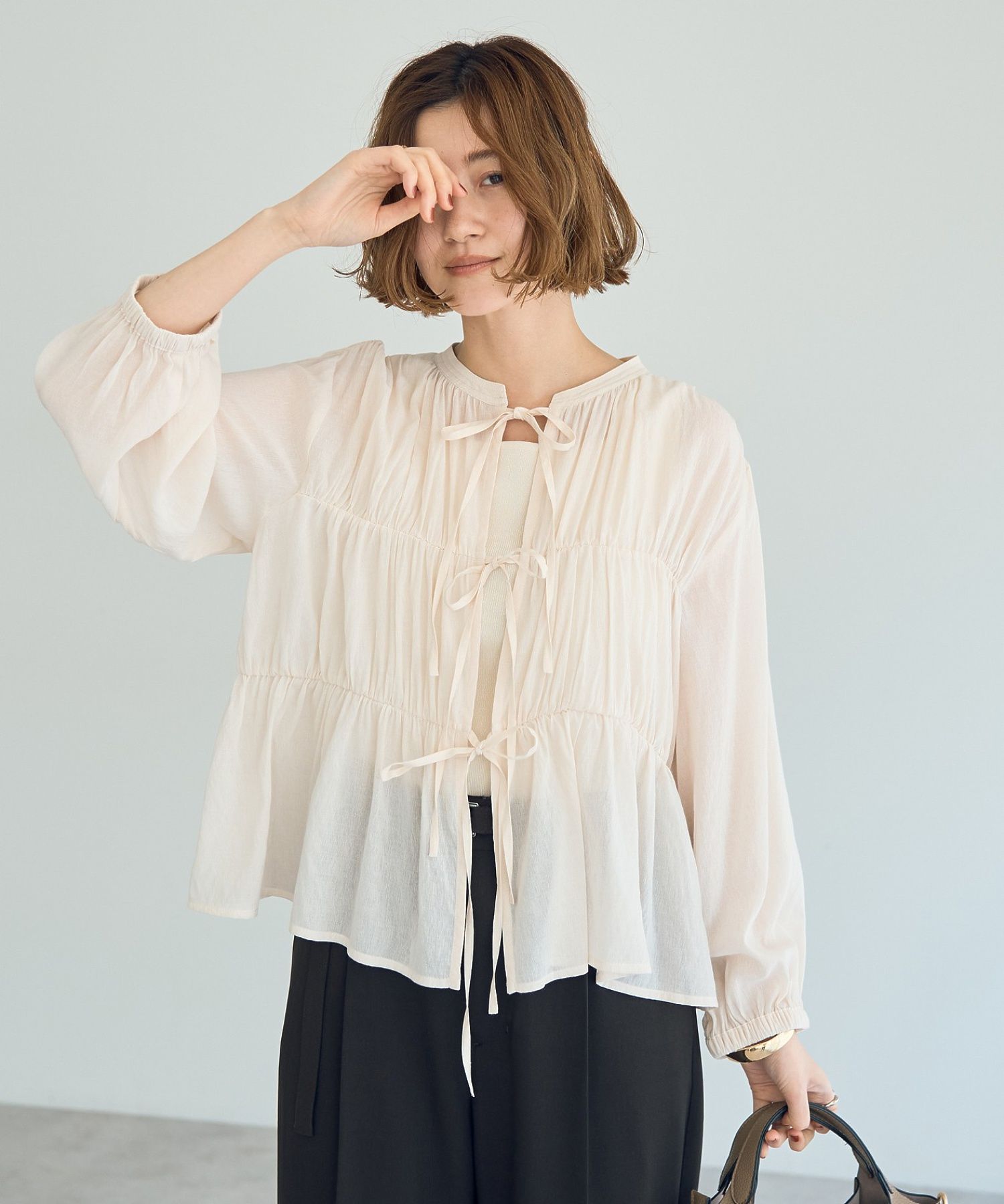 イェッカ ヴェッカ YECCA VECCA リボンデザインシアーブラウス （ブラウン） ブラウン