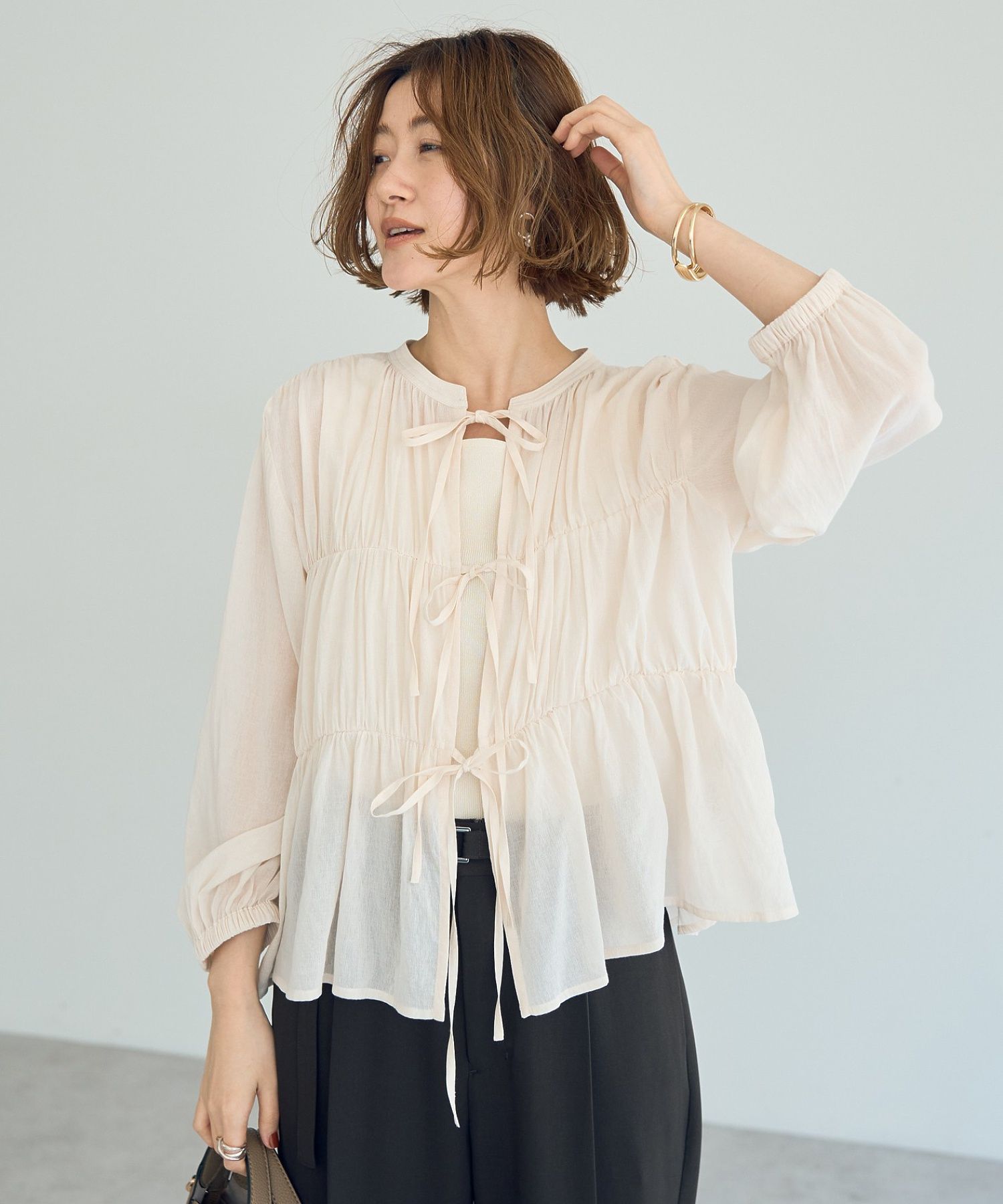 イェッカ ヴェッカ YECCA VECCA リボンデザインシアーブラウス （ブラウン） ブラウン