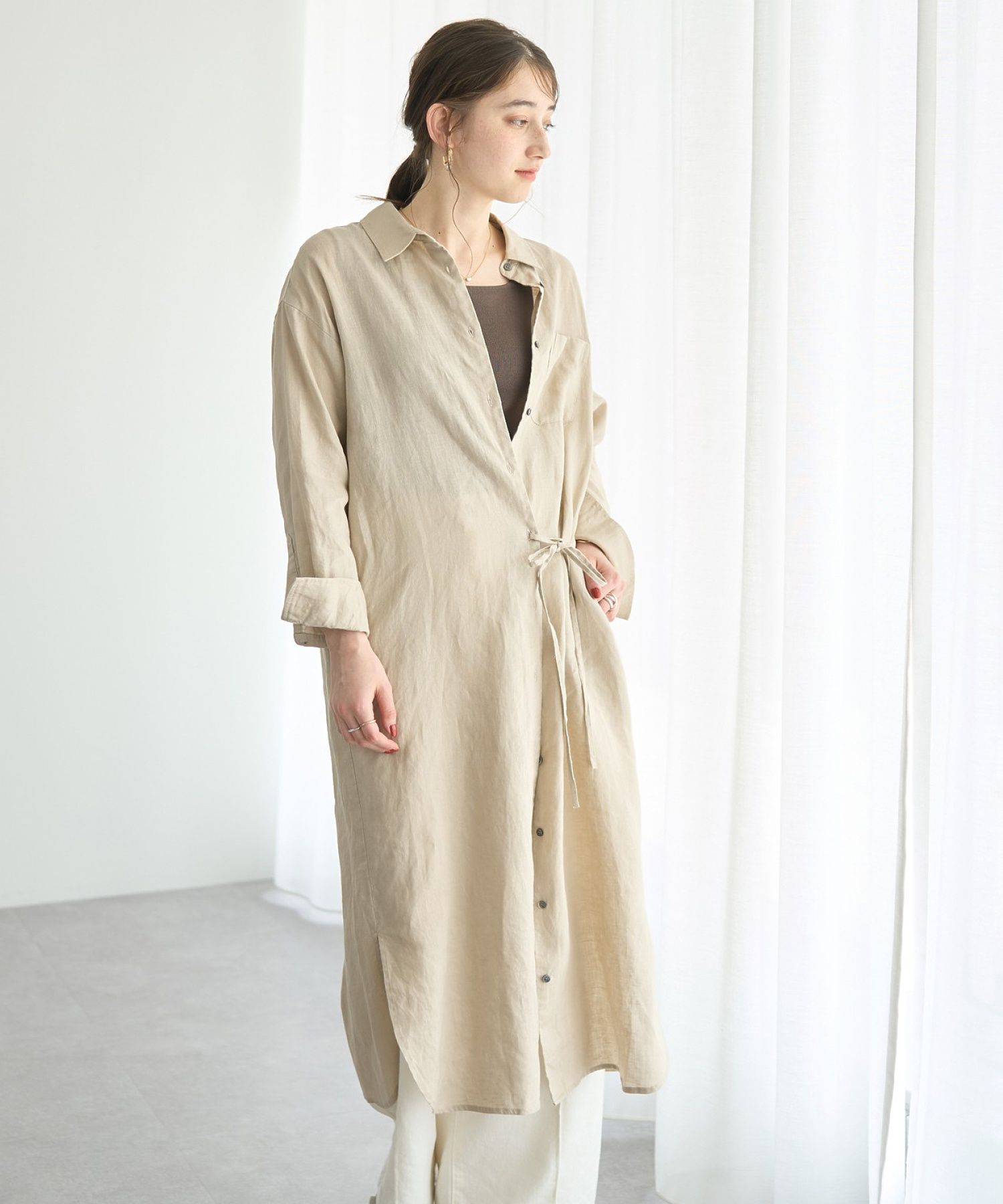 イェッカ ヴェッカ YECCA VECCA 2wayフレンチリネンロングシャツワンピース （ベージュ） ベージュ