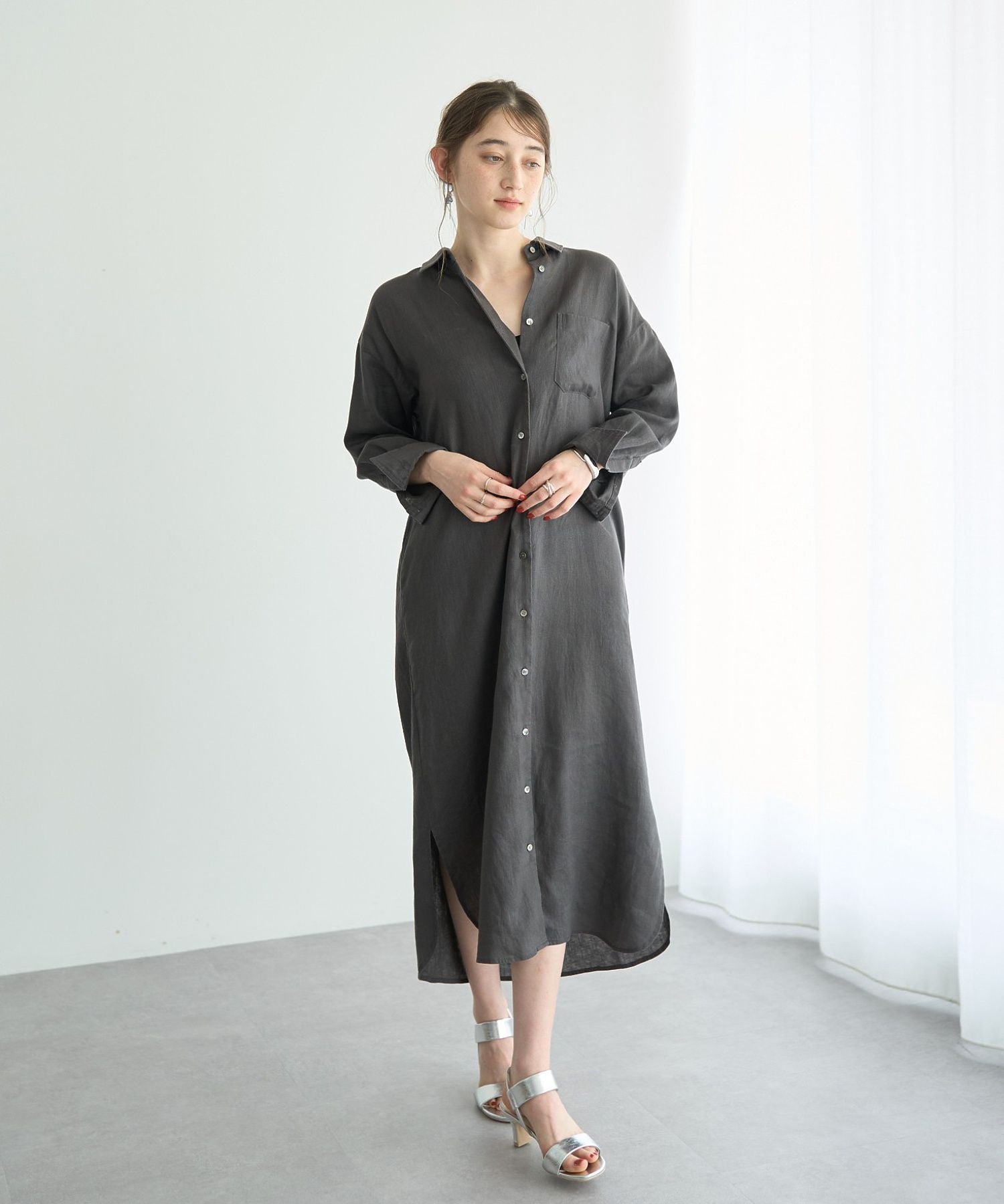 イェッカ ヴェッカ YECCA VECCA 2wayフレンチリネンロングシャツワンピース （ベージュ） ベージュ
