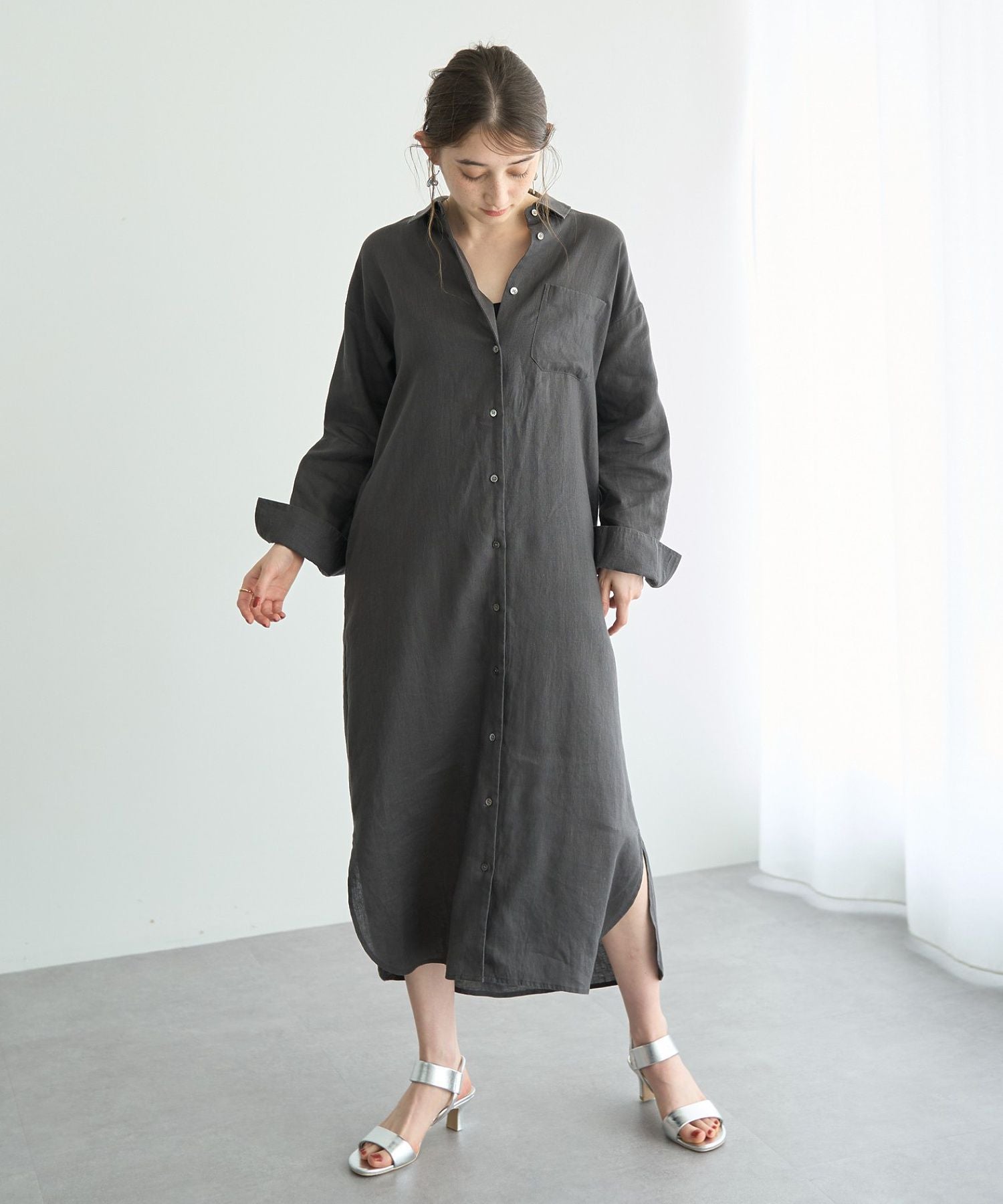 イェッカ ヴェッカ YECCA VECCA 2wayフレンチリネンロングシャツワンピース （ベージュ） ベージュ