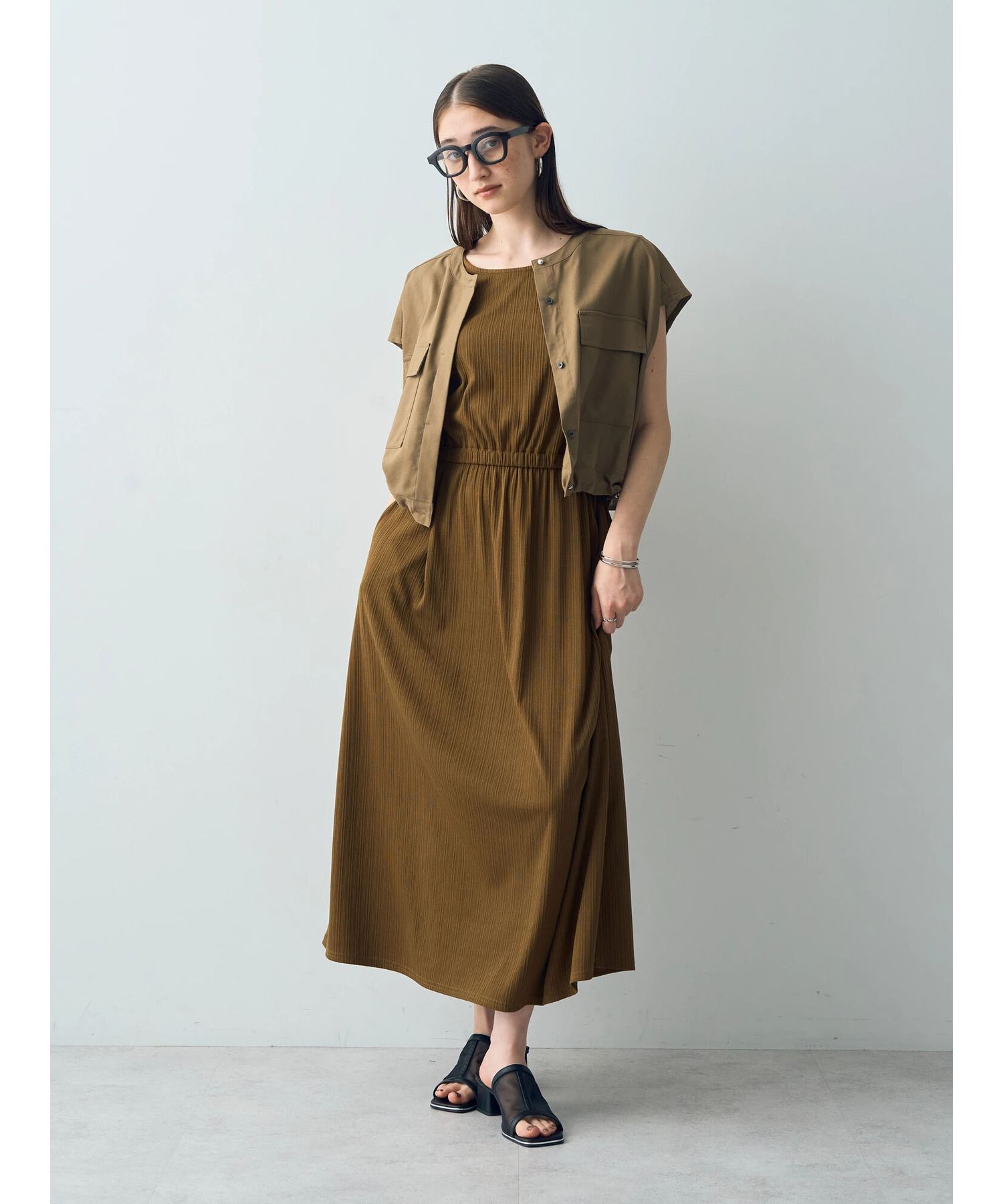 イェッカ ヴェッカ YECCA VECCA [2SET]ポケットシャツ×ロングワンピース （ダークベージュ） ダークベージュ