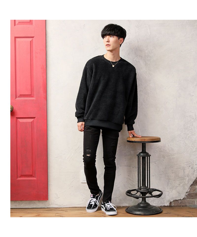 トップイズム TopIsm シャギー ボア トレーナー メンズ スウェット ドロップショルダー ファー フワフワ モコモコ ワイドシルエット ビッグシルエット 無地 長袖 カットソー