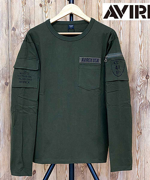 トップイズム TopIsm AVIREX アビレクッス フェイドウォッシュ 長袖 ファティーグ Tシャツ ロングTシャツ 長袖Tシャツ ロンT 長袖 綿100% メンズ ブランド （3-オリーブ） 3-オリーブ