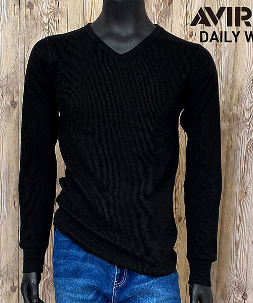 トップイズム TopIsm AVIREX アビレックス ロングTシャツ メンズ 長袖 ロンT Tシャツ サーマル VネックTシャツ 無地 デイリーインナー カットソー （2-ブラック） 2-ブラック