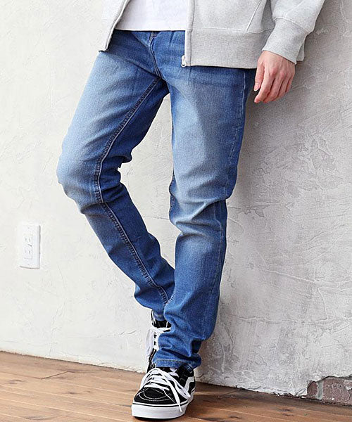 トップイズム TopIsm デニムパンツ メンズ スリム テーパード スキニーパンツ ニットデニム ジーンズ ビンテージ加工 ストレッチ ジーパン 細身,2-ブルー