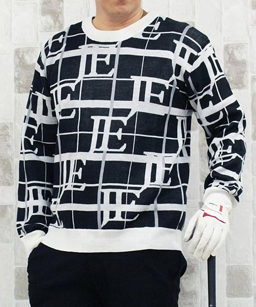 トップイズム TopIsm ゴルフウェア メンズ ゴルフニット セーター トップス 総柄 ビッグロゴ 文字 英語 チェック柄 アルファベット クルーネック スポーツ 秋冬