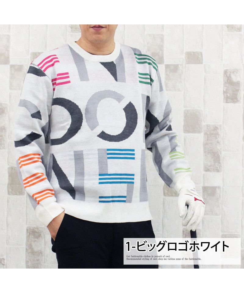 トップイズム TopIsm ゴルフウェア メンズ ゴルフニット セーター トップス 総柄 ビッグロゴ 文字 英語 チェック柄 アルファベット クルーネック スポーツ 秋冬