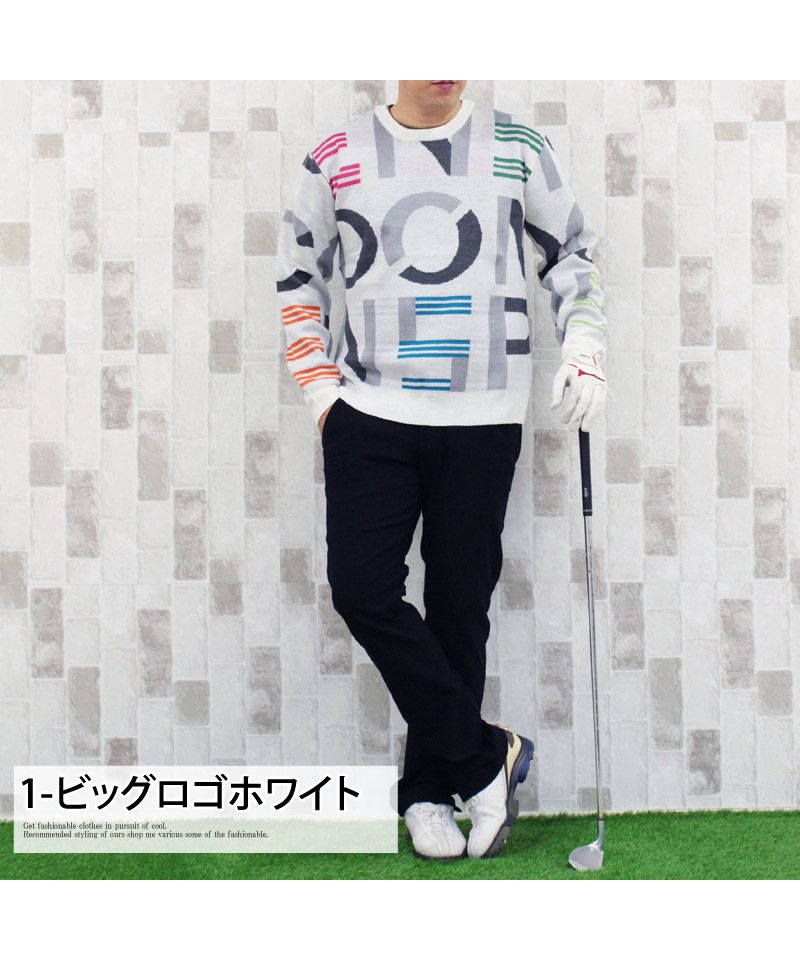 トップイズム TopIsm ゴルフウェア メンズ ゴルフニット セーター トップス 総柄 ビッグロゴ 文字 英語 チェック柄 アルファベット クルーネック スポーツ 秋冬