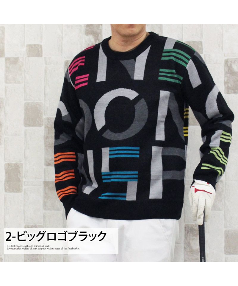 トップイズム TopIsm ゴルフウェア メンズ ゴルフニット セーター トップス 総柄 ビッグロゴ 文字 英語 チェック柄 アルファベット クルーネック スポーツ 秋冬