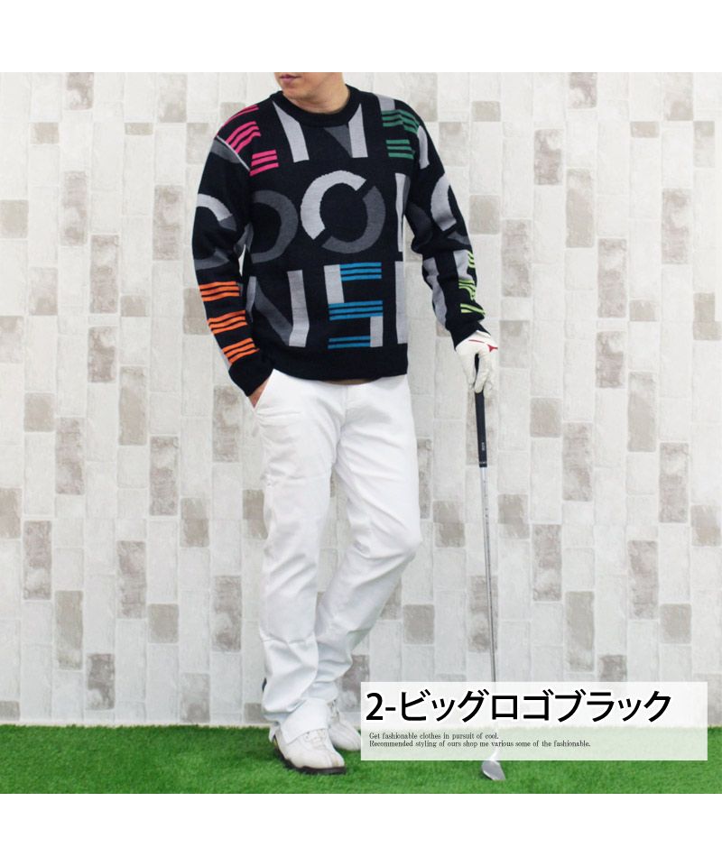 トップイズム TopIsm ゴルフウェア メンズ ゴルフニット セーター トップス 総柄 ビッグロゴ 文字 英語 チェック柄 アルファベット クルーネック スポーツ 秋冬