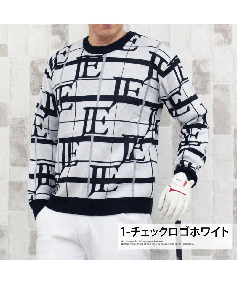 トップイズム TopIsm ゴルフウェア メンズ ゴルフニット セーター トップス 総柄 ビッグロゴ 文字 英語 チェック柄 アルファベット クルーネック スポーツ 秋冬