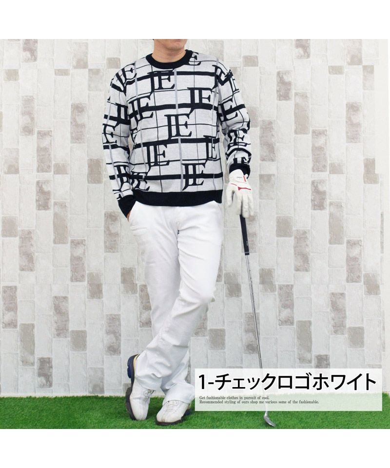 トップイズム TopIsm ゴルフウェア メンズ ゴルフニット セーター トップス 総柄 ビッグロゴ 文字 英語 チェック柄 アルファベット クルーネック スポーツ 秋冬