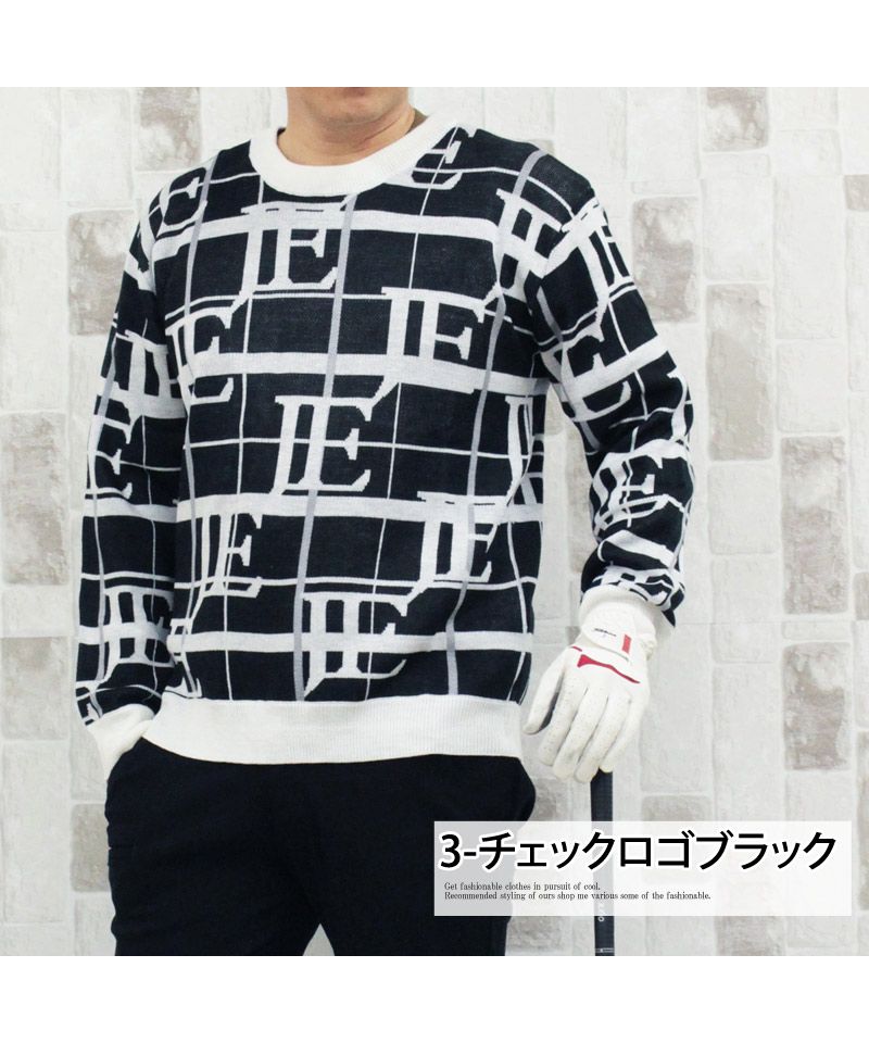 トップイズム TopIsm ゴルフウェア メンズ ゴルフニット セーター トップス 総柄 ビッグロゴ 文字 英語 チェック柄 アルファベット クルーネック スポーツ 秋冬