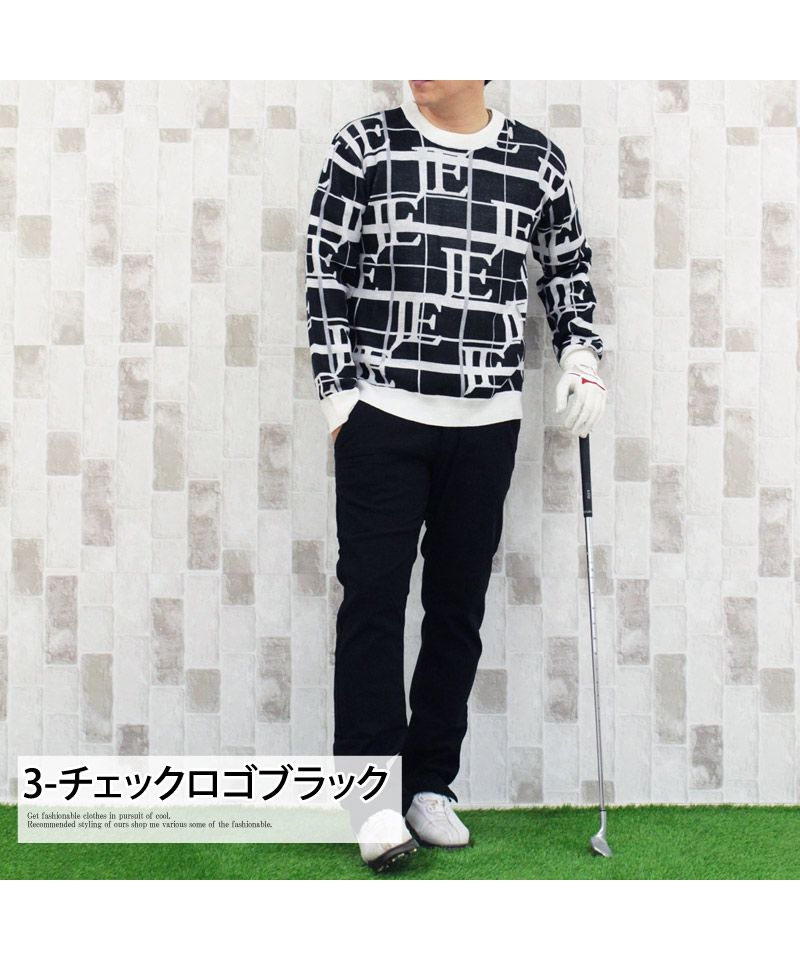 トップイズム TopIsm ゴルフウェア メンズ ゴルフニット セーター トップス 総柄 ビッグロゴ 文字 英語 チェック柄 アルファベット クルーネック スポーツ 秋冬