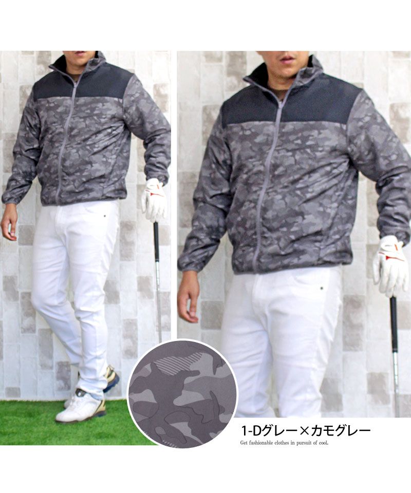 トップイズム TopIsm ゴルフジャケット メンズ ゴルフウェア 裏起毛フリース 撥水加工 アウター ブルゾン スタンドネック フルジップアップ カモフラ 迷彩 総柄 スポーツウェア 暖