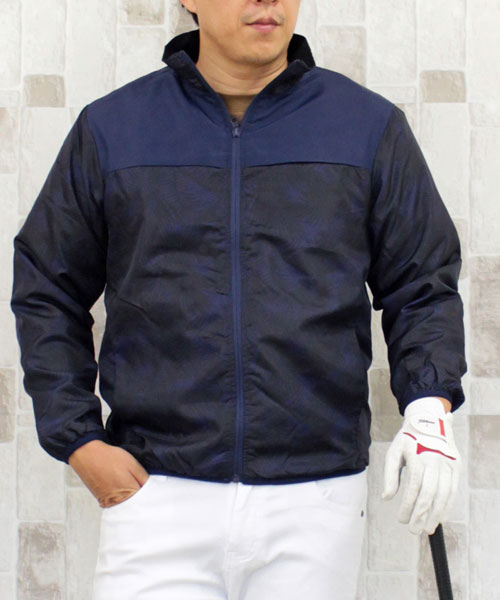 トップイズム TopIsm ゴルフジャケット メンズ ゴルフウェア 裏起毛フリース 撥水加工 アウター ブルゾン スタンドネック フルジップアップ カモフラ 迷彩 総柄 スポーツウェア 暖,5-ネイビー×ボタニカルネイビー