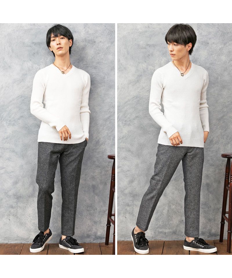 トップイズム TopIsm ニット メンズ セーター コットンニット Vネック ニット メンズ 無地 リブニット タイト 2重臼 杢調 キレイ目 ニットプルオーバー 細身