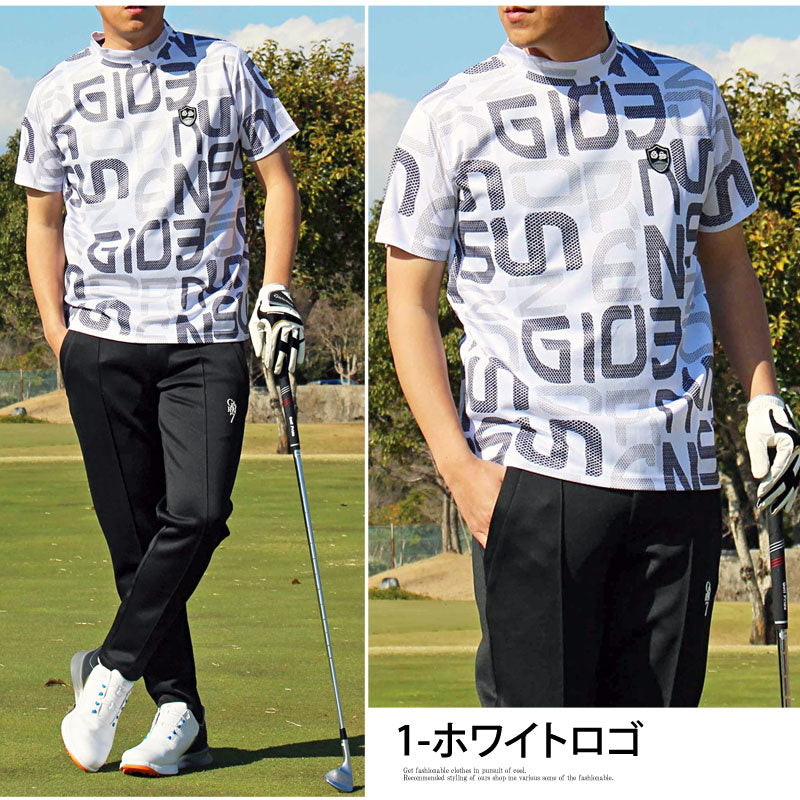 トップイズム TopIsm ゴルフウェア モックネックシャツ メンズ GIORNO SEVEN ジョルノセブン ハイネックTシャツ 半袖 トップス 総柄 ロゴ ストレッチ 吸湿速乾ドライ