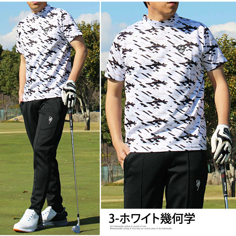トップイズム TopIsm ゴルフウェア モックネックシャツ メンズ GIORNO SEVEN ジョルノセブン ハイネックTシャツ 半袖 トップス 総柄 ロゴ ストレッチ 吸湿速乾ドライ