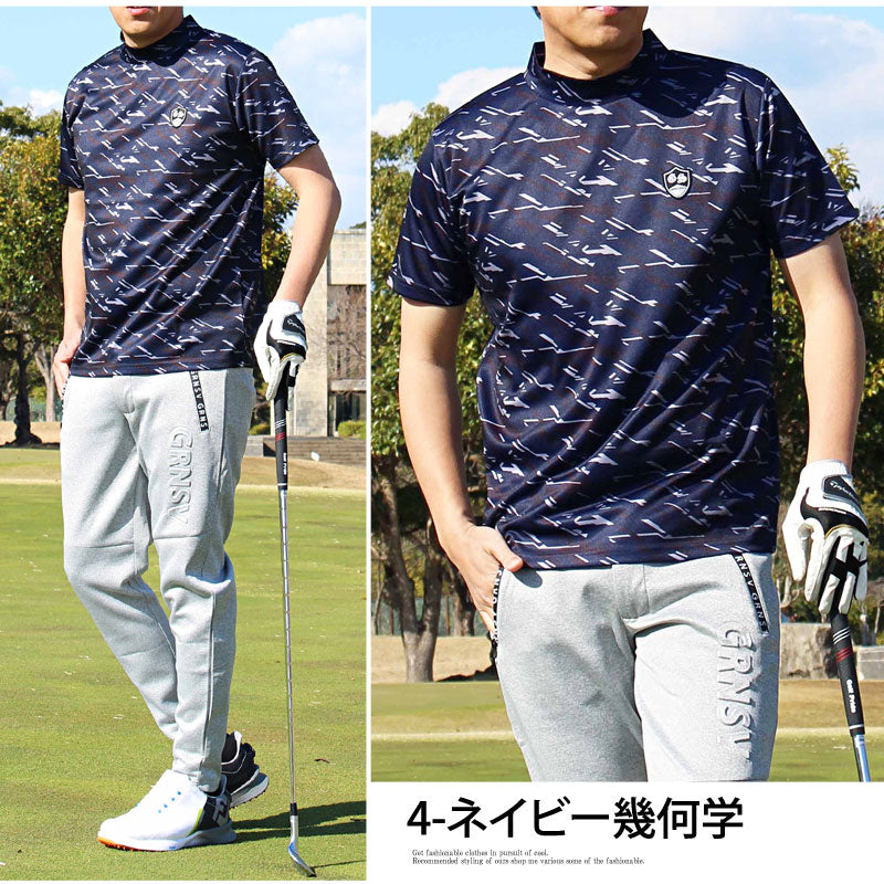 トップイズム TopIsm ゴルフウェア モックネックシャツ メンズ GIORNO SEVEN ジョルノセブン ハイネックTシャツ 半袖 トップス 総柄 ロゴ ストレッチ 吸湿速乾ドライ