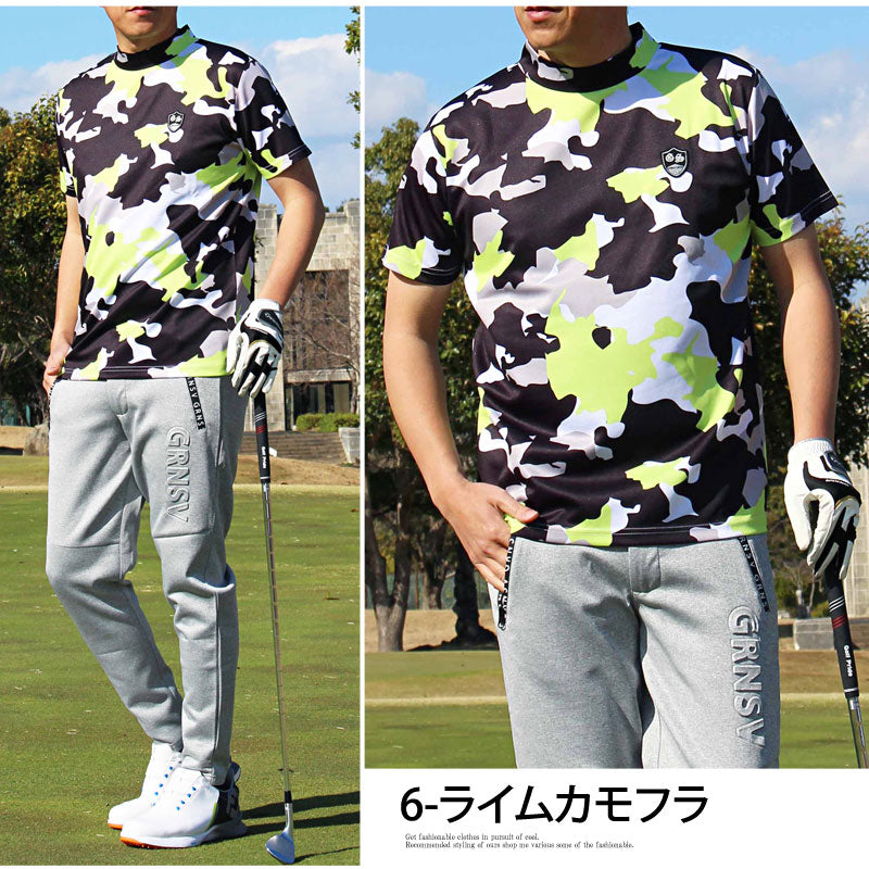 トップイズム TopIsm ゴルフウェア モックネックシャツ メンズ GIORNO SEVEN ジョルノセブン ハイネックTシャツ 半袖 トップス 総柄 ロゴ ストレッチ 吸湿速乾ドライ