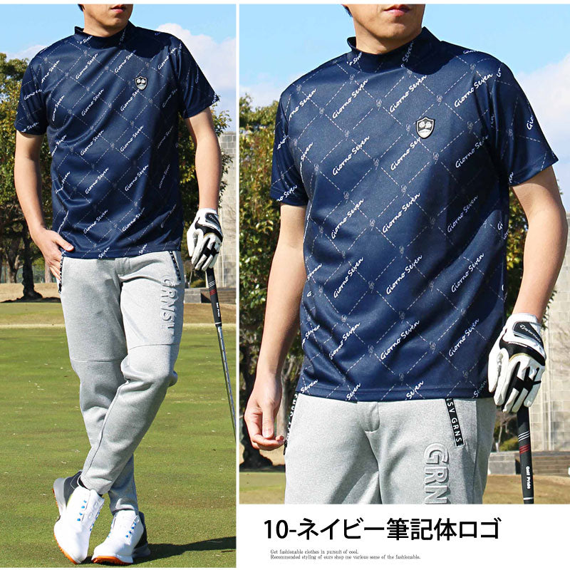 トップイズム TopIsm ゴルフウェア モックネックシャツ メンズ GIORNO SEVEN ジョルノセブン ハイネックTシャツ 半袖 トップス 総柄 ロゴ ストレッチ 吸湿速乾ドライ