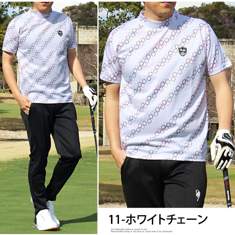 トップイズム TopIsm ゴルフウェア モックネックシャツ メンズ GIORNO SEVEN ジョルノセブン ハイネックTシャツ 半袖 トップス 総柄 ロゴ ストレッチ 吸湿速乾ドライ