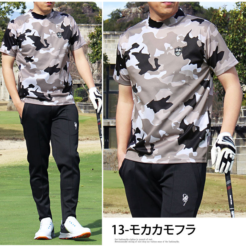 トップイズム TopIsm ゴルフウェア モックネックシャツ メンズ GIORNO SEVEN ジョルノセブン ハイネックTシャツ 半袖 トップス 総柄 ロゴ ストレッチ 吸湿速乾ドライ